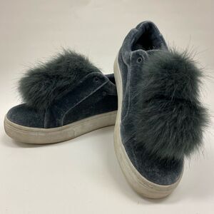 Sam Edelman Grey velvet and‎ feather pom pom slip on sneakers